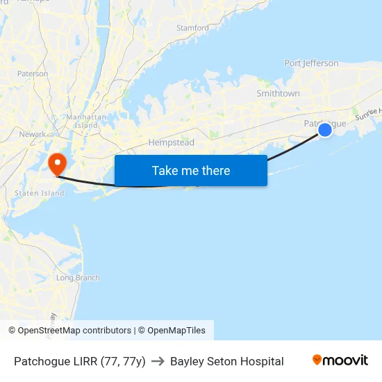 Patchogue LIRR (77, 77y) to Bayley Seton Hospital map