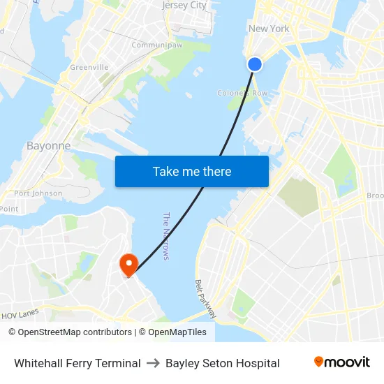 Whitehall Ferry Terminal to Bayley Seton Hospital map