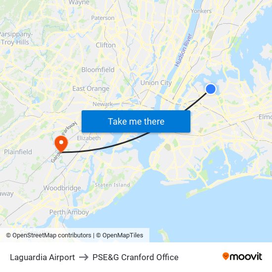 Laguardia Airport to PSE&G Cranford Office map