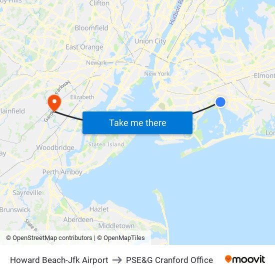 Howard Beach-Jfk Airport to PSE&G Cranford Office map