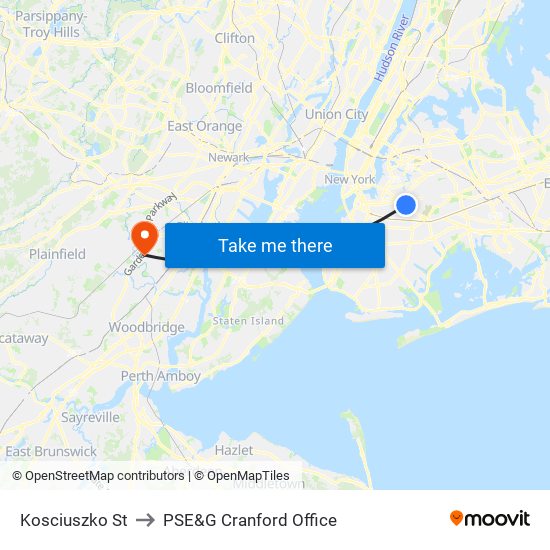 Kosciuszko St to PSE&G Cranford Office map