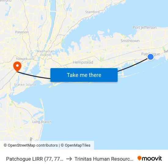 Patchogue LIRR (77, 77y) to Trinitas Human Resources map
