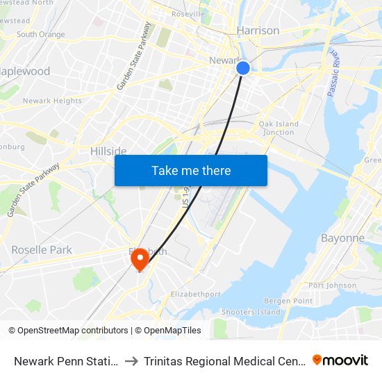 Newark Penn Station to Trinitas Regional Medical Center map