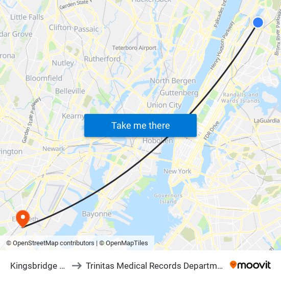 Kingsbridge Rd to Trinitas Medical Records Department map