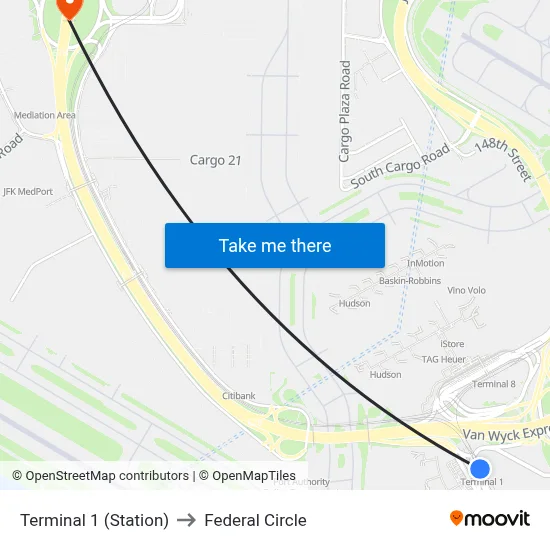 Terminal 1 (Station) to Federal Circle map