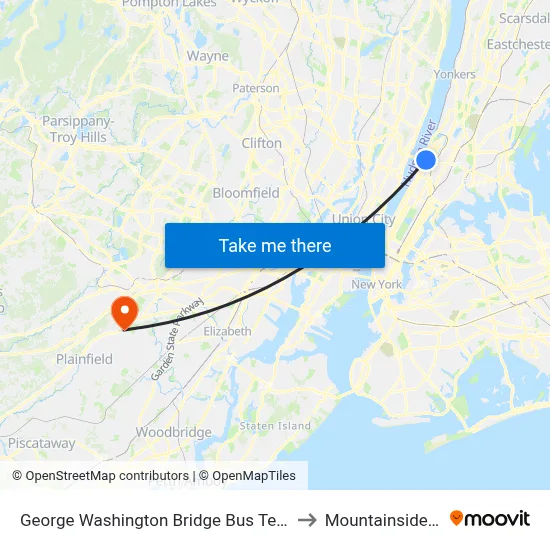 George Washington Bridge Bus Terminal to Mountainside, NJ map