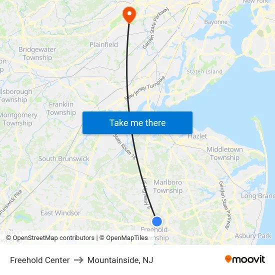 Freehold Center to Mountainside, NJ map