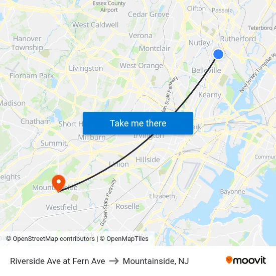 Riverside Ave at Fern Ave to Mountainside, NJ map