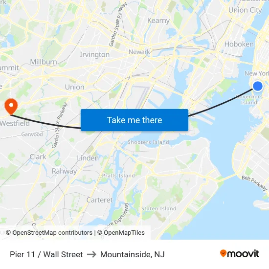 Pier 11 / Wall Street to Mountainside, NJ map