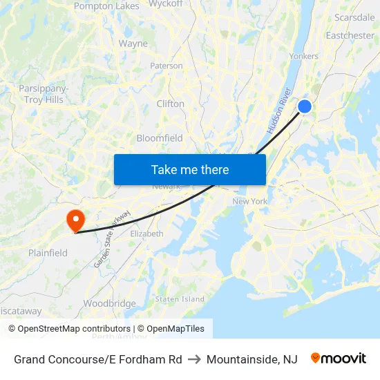 Grand Concourse/E Fordham Rd to Mountainside, NJ map