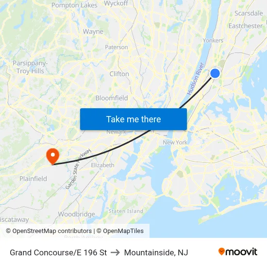 Grand Concourse/E 196 St to Mountainside, NJ map