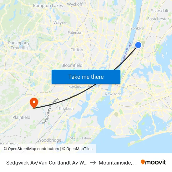 Sedgwick Av/Van Cortlandt Av West to Mountainside, NJ map