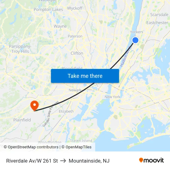 Riverdale Av/W 261 St to Mountainside, NJ map
