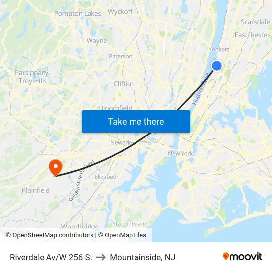 Riverdale Av/W 256 St to Mountainside, NJ map
