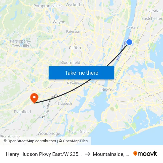 Henry Hudson Pkwy East/W 235 St to Mountainside, NJ map