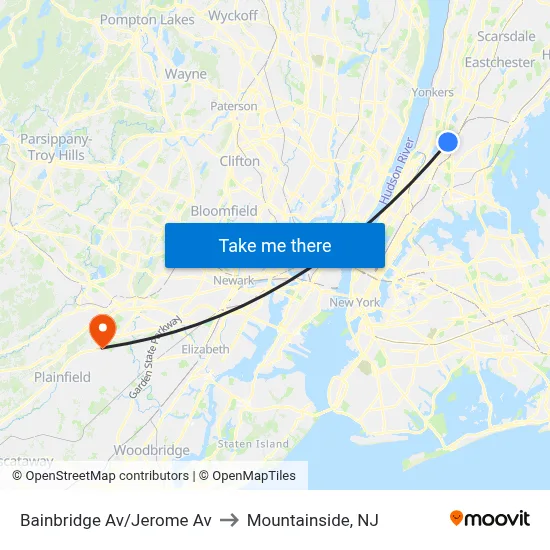 Bainbridge Av/Jerome Av to Mountainside, NJ map