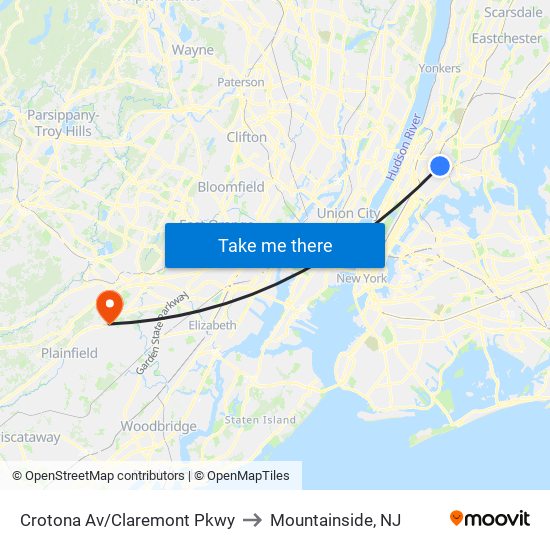 Crotona Av/Claremont Pkwy to Mountainside, NJ map