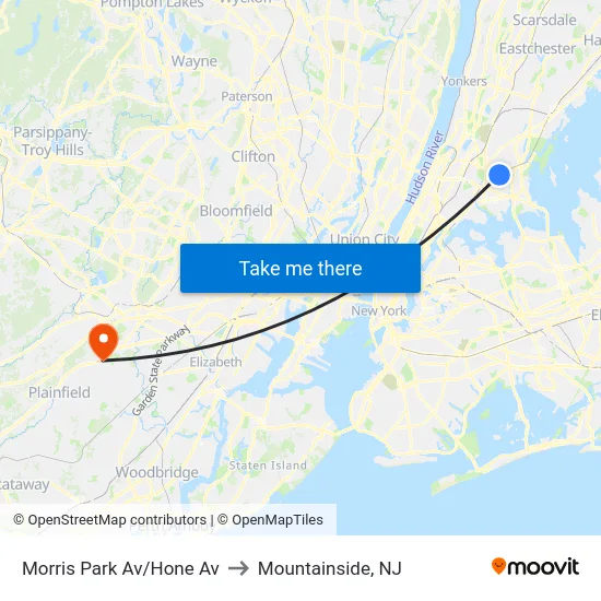 Morris Park Av/Hone Av to Mountainside, NJ map