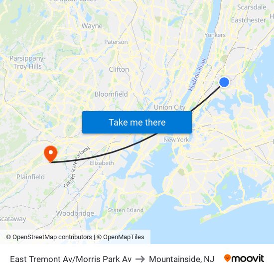 East Tremont Av/Morris Park Av to Mountainside, NJ map