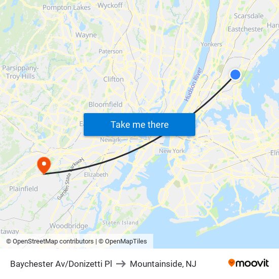 Baychester Av/Donizetti Pl to Mountainside, NJ map