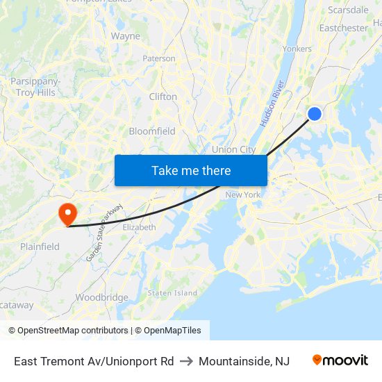 East Tremont Av/Unionport Rd to Mountainside, NJ map