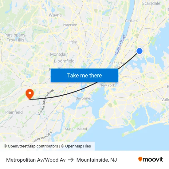 Metropolitan Av/Wood Av to Mountainside, NJ map