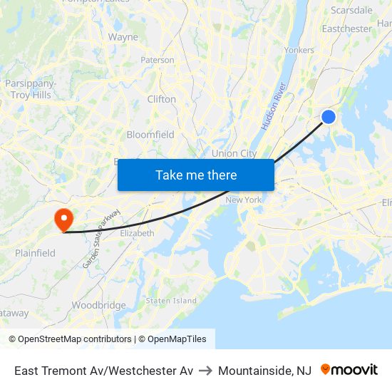 East Tremont Av/Westchester Av to Mountainside, NJ map
