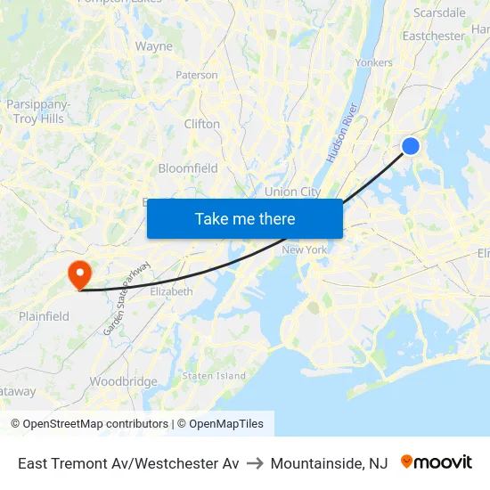 East Tremont Av/Westchester Av to Mountainside, NJ map