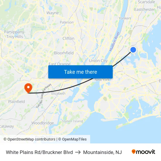 White Plains Rd/Bruckner Blvd to Mountainside, NJ map