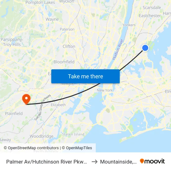 Palmer Av/Hutchinson River Pkwy East to Mountainside, NJ map