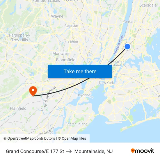 Grand Concourse/E 177 St to Mountainside, NJ map