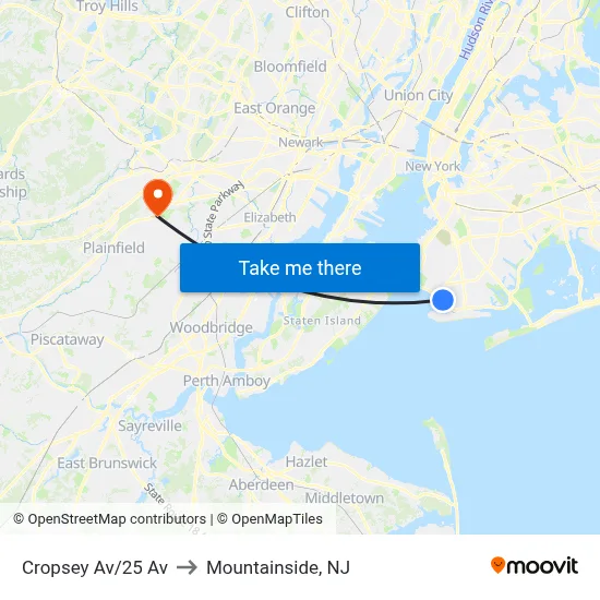 Cropsey Av/25 Av to Mountainside, NJ map