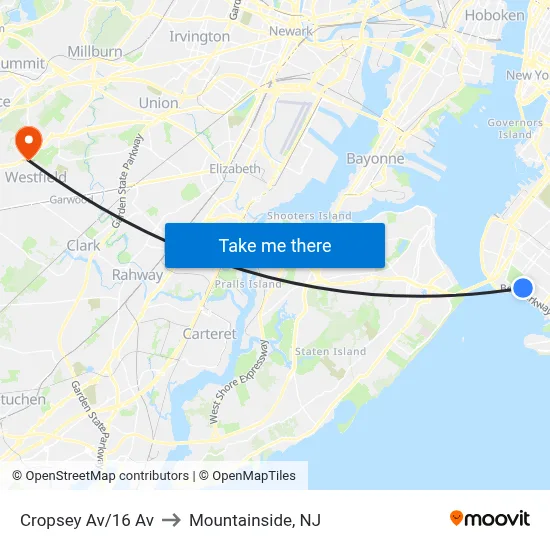 Cropsey Av/16 Av to Mountainside, NJ map