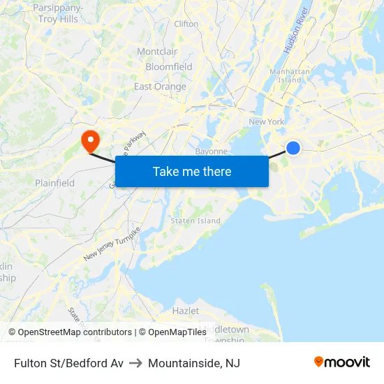 Fulton St/Bedford Av to Mountainside, NJ map