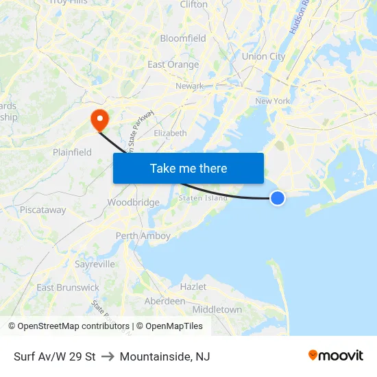 Surf Av/W 29 St to Mountainside, NJ map