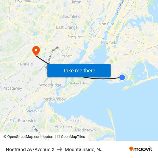 Nostrand Av/Avenue X to Mountainside, NJ map