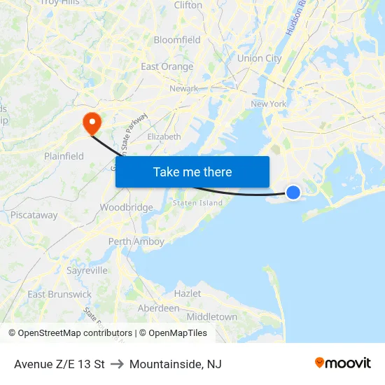Avenue Z/E 13 St to Mountainside, NJ map