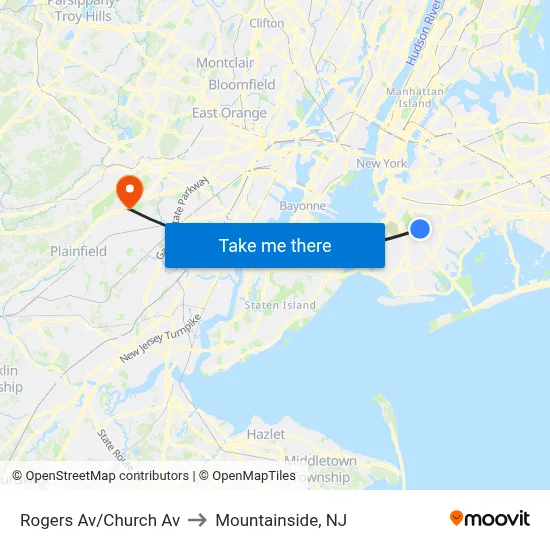 Rogers Av/Church Av to Mountainside, NJ map