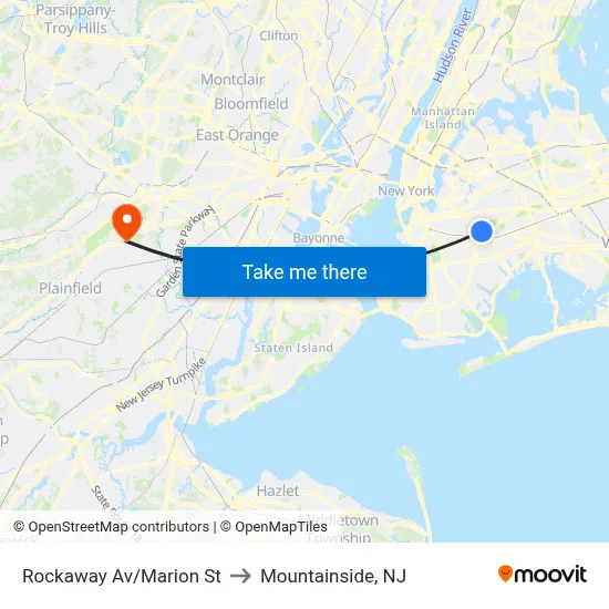 Rockaway Av/Marion St to Mountainside, NJ map