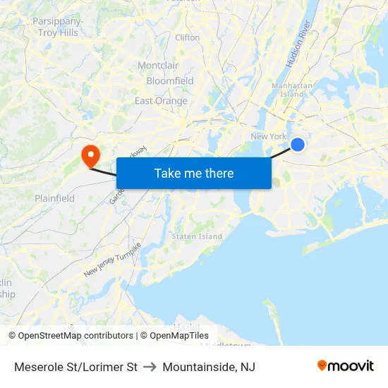 Meserole St/Lorimer St to Mountainside, NJ map
