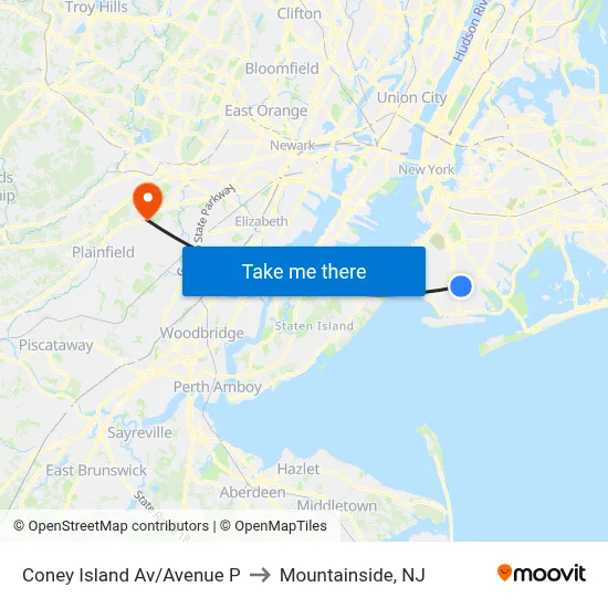 Coney Island Av/Avenue P to Mountainside, NJ map