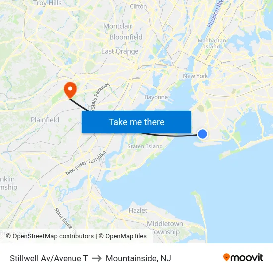 Stillwell Av/Avenue T to Mountainside, NJ map