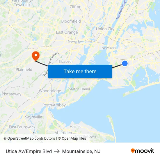 Utica Av/Empire Blvd to Mountainside, NJ map