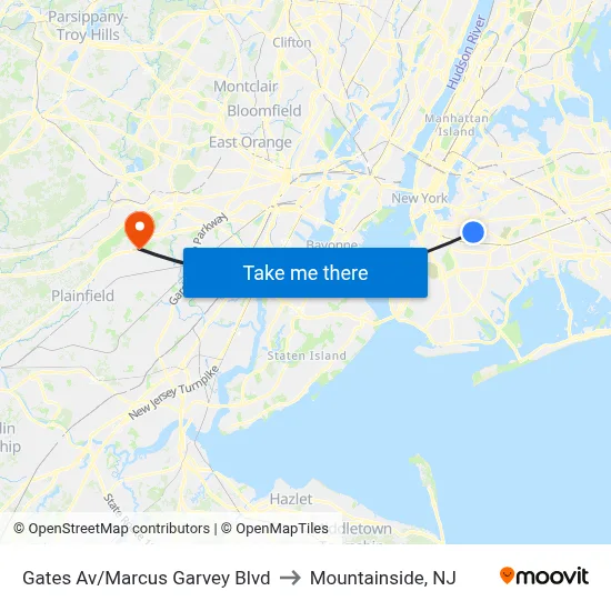 Gates Av/Marcus Garvey Blvd to Mountainside, NJ map