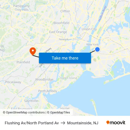 Flushing Av/North Portland Av to Mountainside, NJ map