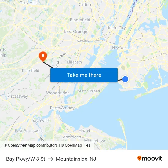 Bay Pkwy/W 8 St to Mountainside, NJ map