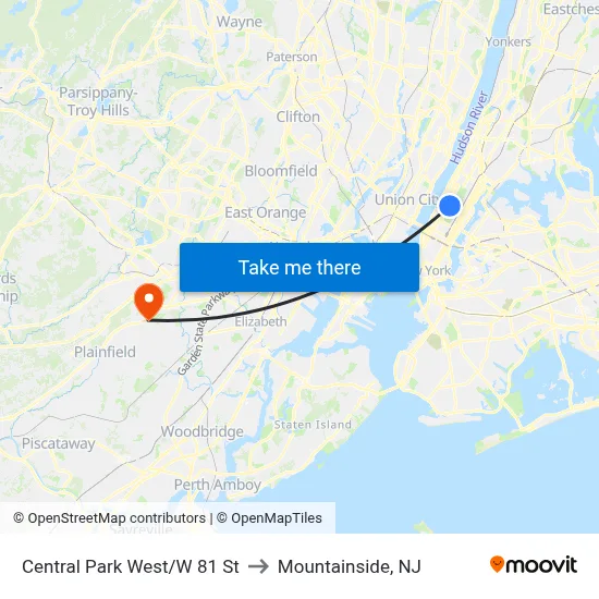 Central Park West/W 81 St to Mountainside, NJ map