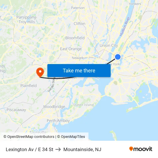 Lexington Av / E 34 St to Mountainside, NJ map
