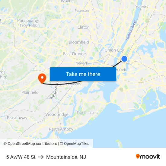 5 Av/W 48 St to Mountainside, NJ map