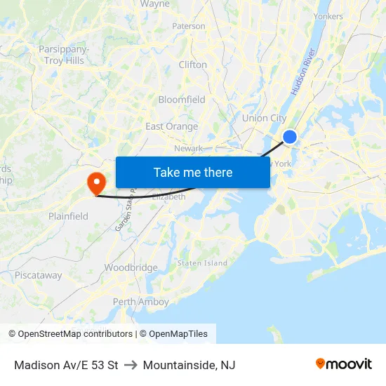 Madison Av/E 53 St to Mountainside, NJ map